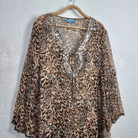 SILK POMEGRANATE Womens Kaftan Top One Size Brown Animal Print Beaded - Picture 2 of 11